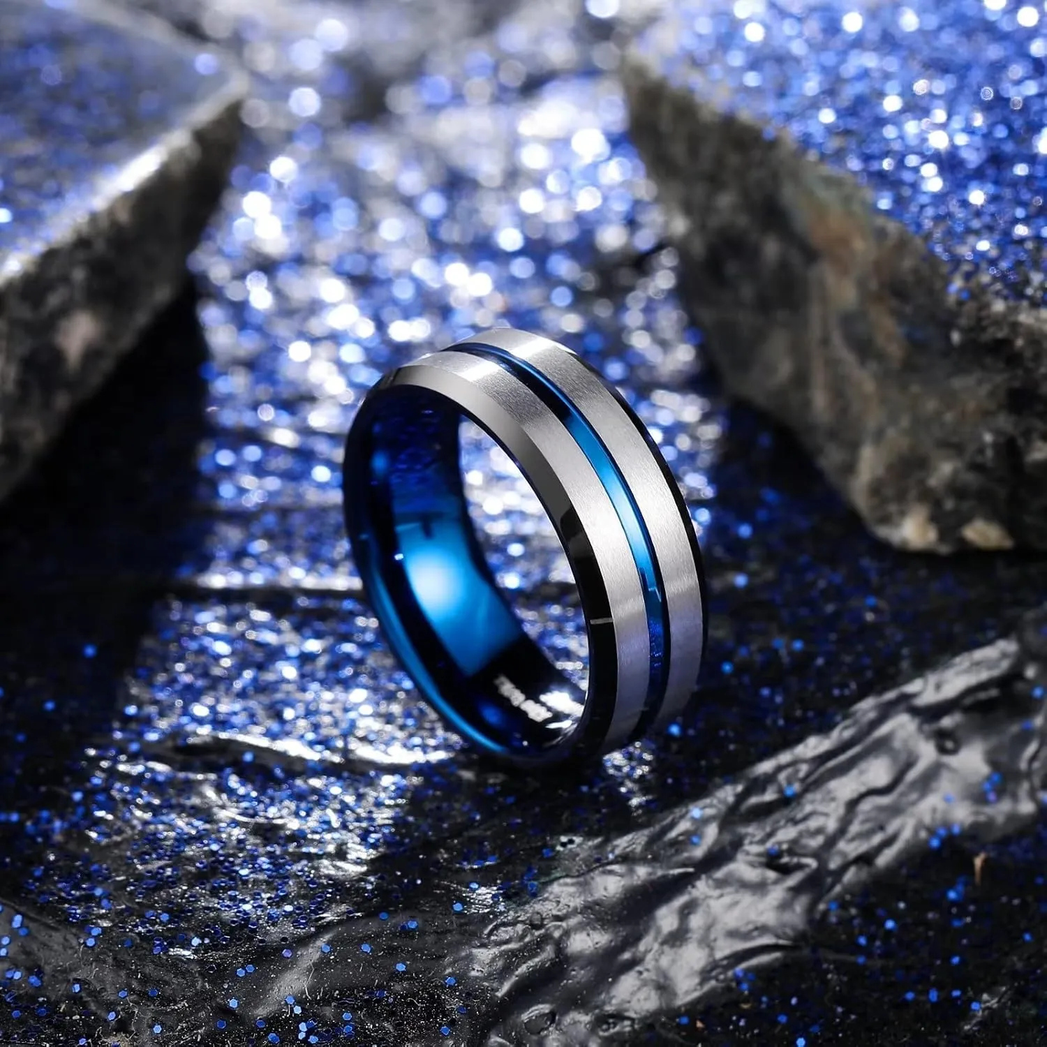 King Will Mens Grooved Tungsten Ring - Black/Silver 6mm/7mm/8mm Wedding Band, Thin Blue/Red/Purple/Rose Gold/Green/Orange/Pink Centre Groove, Matte Brushed Finish Beveled Edge, Comfort Fit Size 4-16