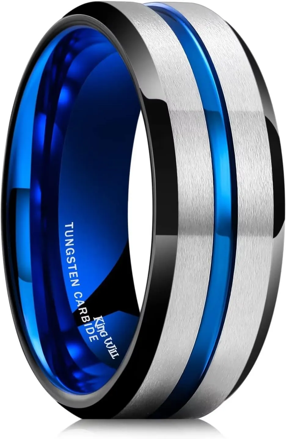 King Will Mens Grooved Tungsten Ring - Black/Silver 6mm/7mm/8mm Wedding Band, Thin Blue/Red/Purple/Rose Gold/Green/Orange/Pink Centre Groove, Matte Brushed Finish Beveled Edge, Comfort Fit Size 4-16