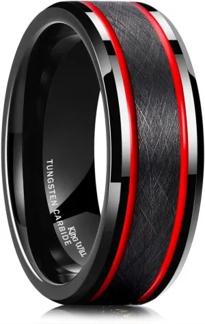 King Will Mens Grooved Tungsten Ring - Black/Silver 6mm/7mm/8mm Wedding Band, Thin Blue/Red/Purple/Rose Gold/Green/Orange/Pink Centre Groove, Matte Brushed Finish Beveled Edge, Comfort Fit Size 4-16