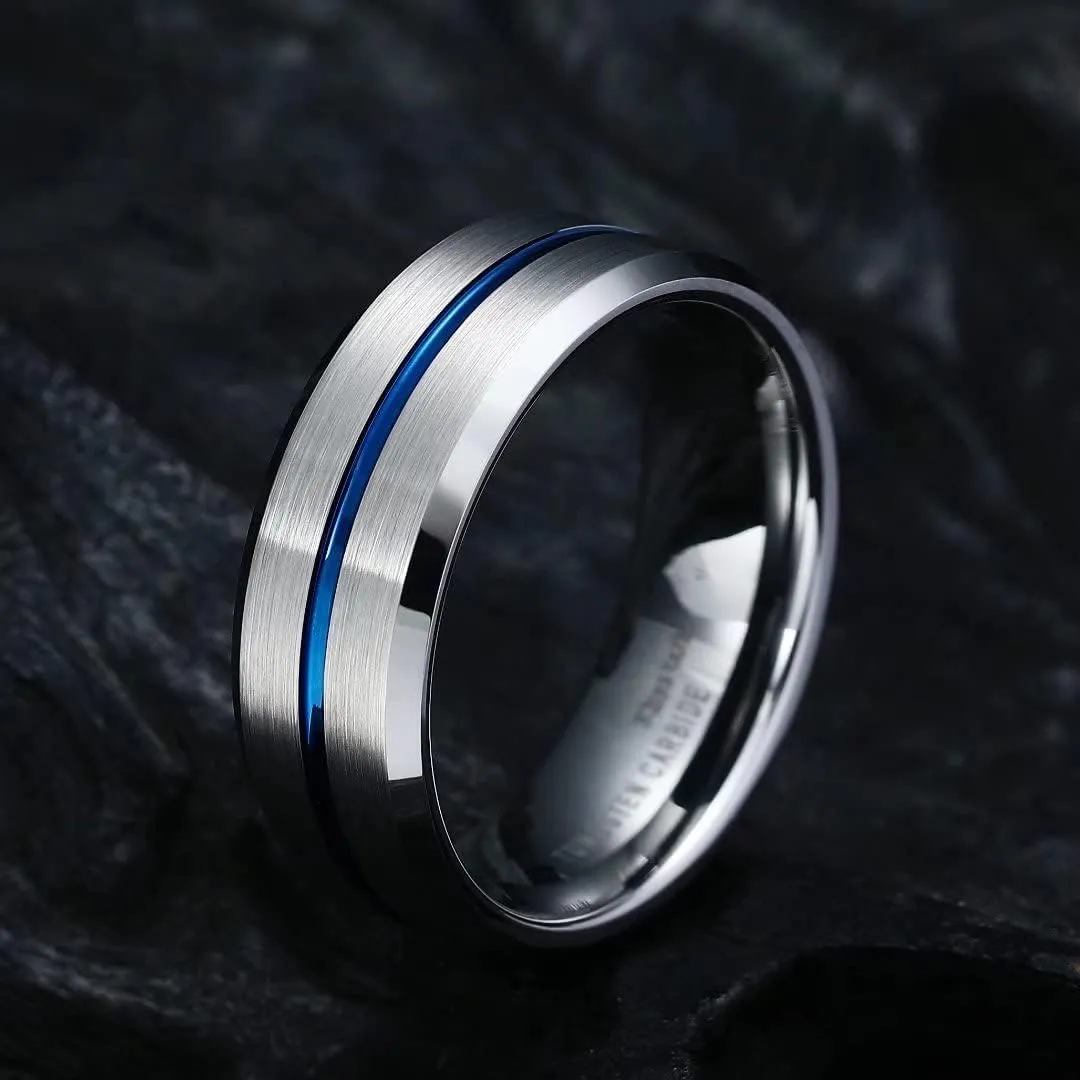 King Will Tungsten Carbide Wedding Band Ring for Men -6mm/8mm/10mm Men Rings in Black/Silver/Gold/Blue/Brown Grooved Center Wedding Band Suitable For Every Day Wear Comfort Fit Size 4-16