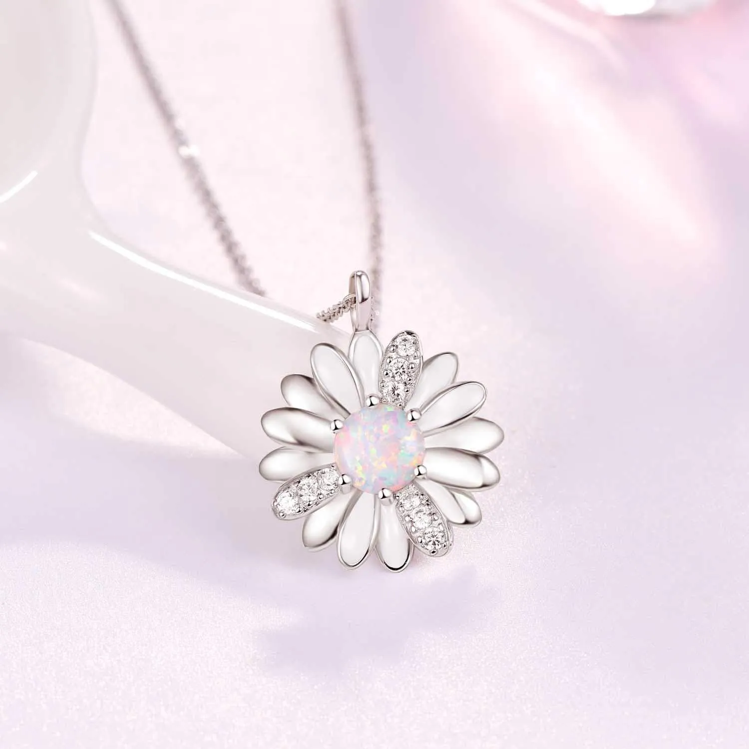 KINGWHYTE Daisy Necklace Gifts for Women 925 Sterling Silver Opal Daisy Pendant Spring Flower Necklace Jewelry Graduation Birthday Celebrate Congratulation Gift