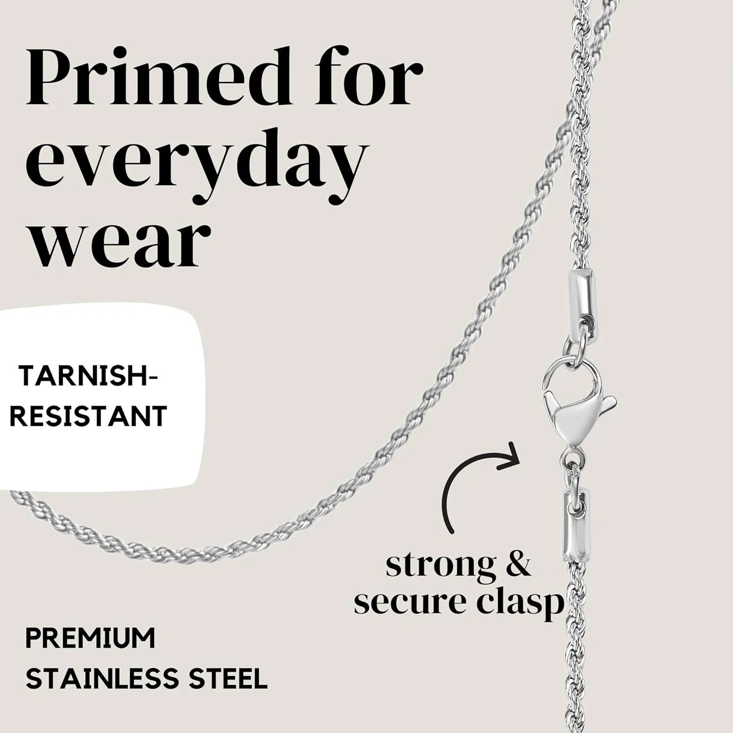 KISPER 24k White Gold Rope Chain Necklace Thin, Dainty, White Gold Plated Stainless Steel Jewelry for Women & Men with Lobster Clasp