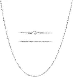 KISPER 24k White Gold Rope Chain Necklace Thin, Dainty, White Gold Plated Stainless Steel Jewelry for Women & Men with Lobster Clasp