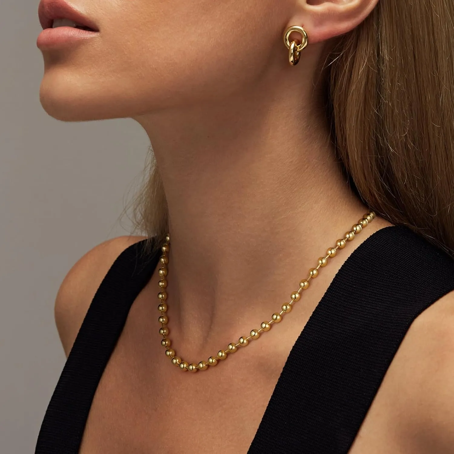 KissYan Gold Beaded Necklace for Women, 14K Gold Plated Adjustable High-Polished Basic Metal Ball Bead Chain Choker Necklace Minimalist Fashion Jewelry Gifts