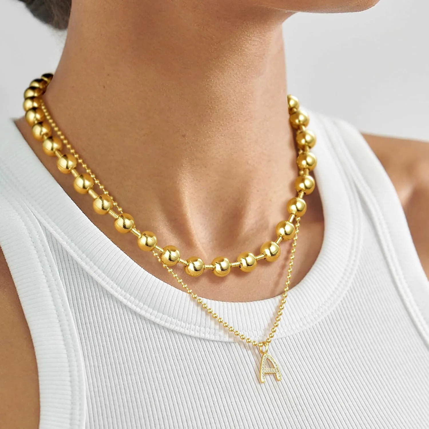 KissYan Gold Beaded Necklace for Women, 14K Gold Plated Adjustable High-Polished Basic Metal Ball Bead Chain Choker Necklace Minimalist Fashion Jewelry Gifts