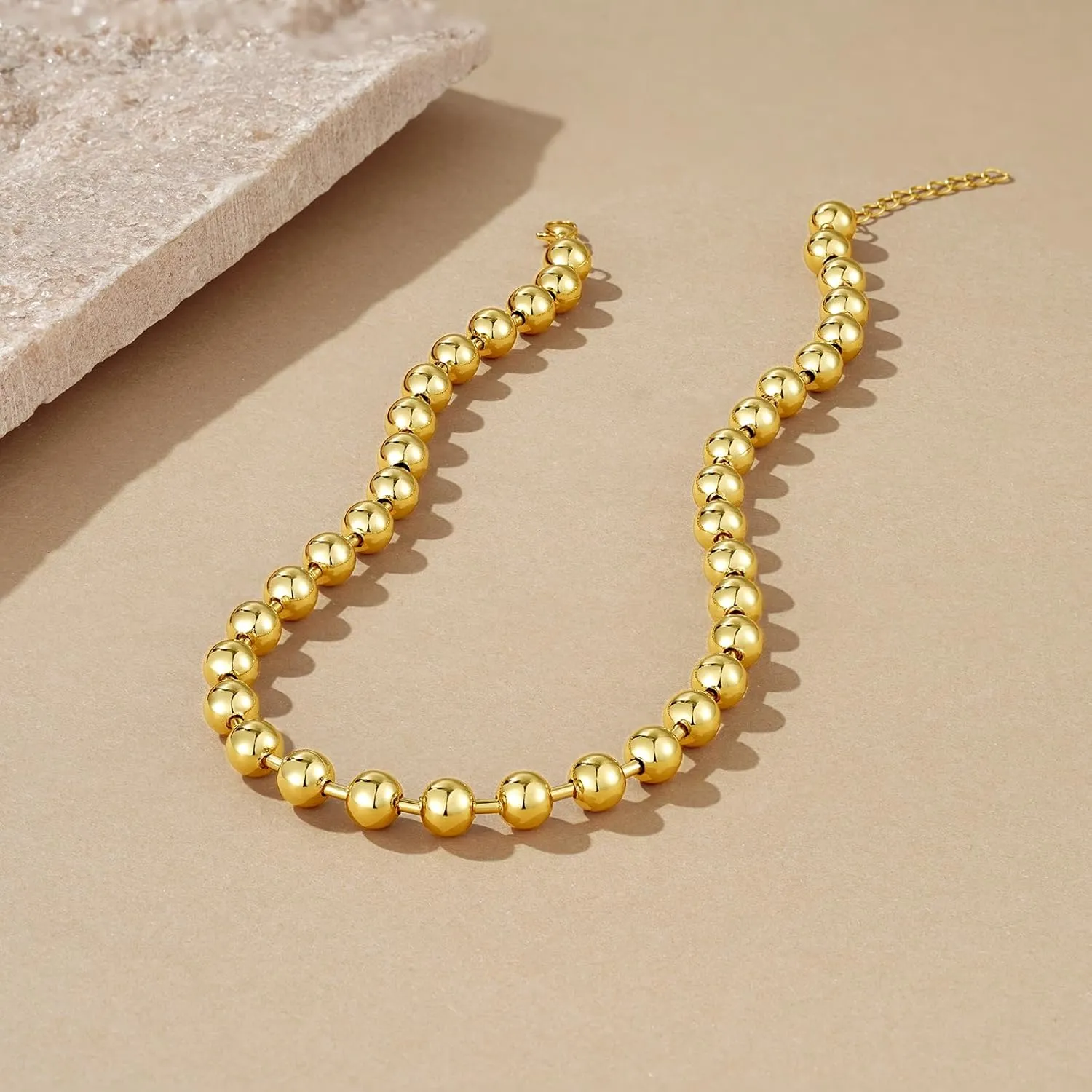 KissYan Gold Beaded Necklace for Women, 14K Gold Plated Adjustable High-Polished Basic Metal Ball Bead Chain Choker Necklace Minimalist Fashion Jewelry Gifts