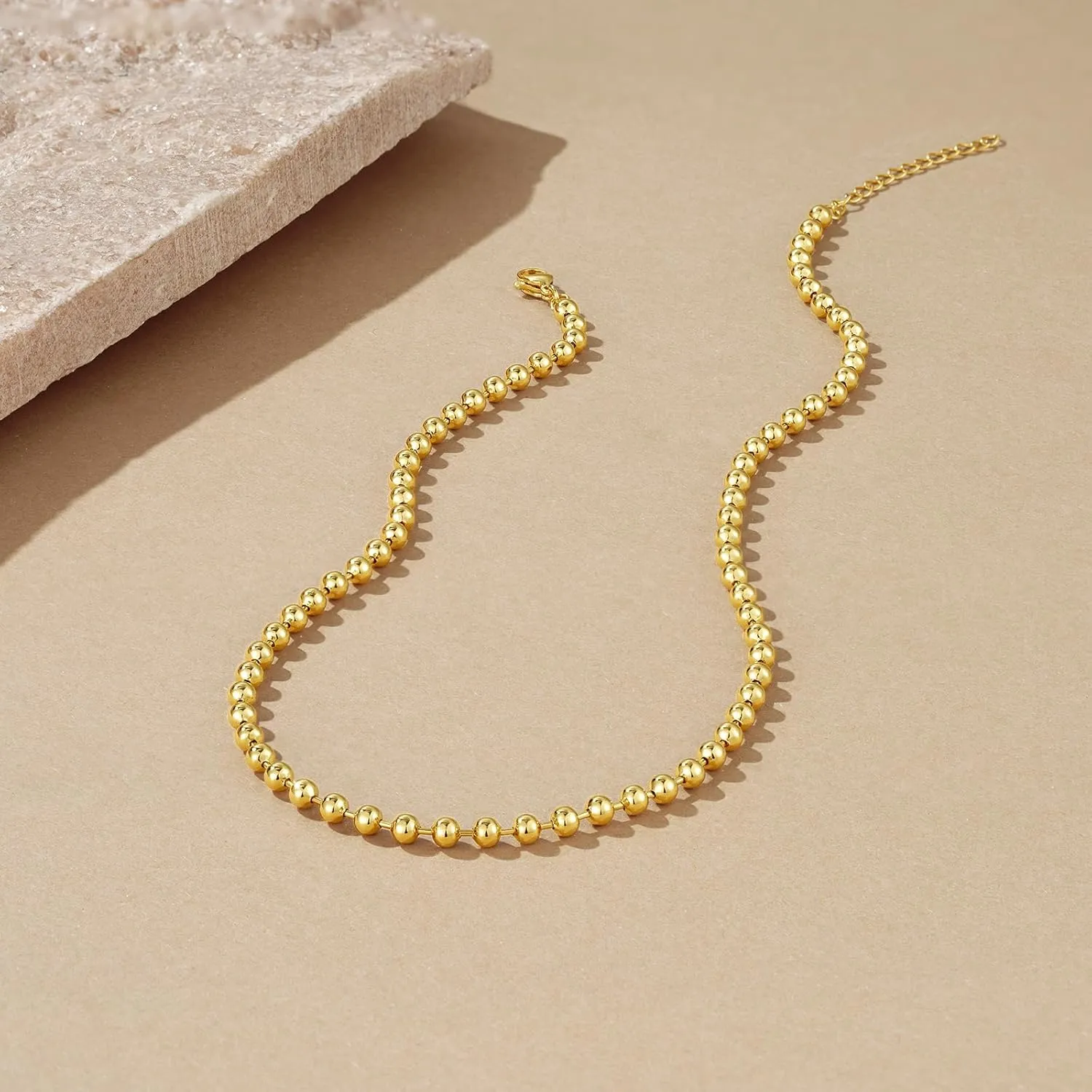 KissYan Gold Beaded Necklace for Women, 14K Gold Plated Adjustable High-Polished Basic Metal Ball Bead Chain Choker Necklace Minimalist Fashion Jewelry Gifts