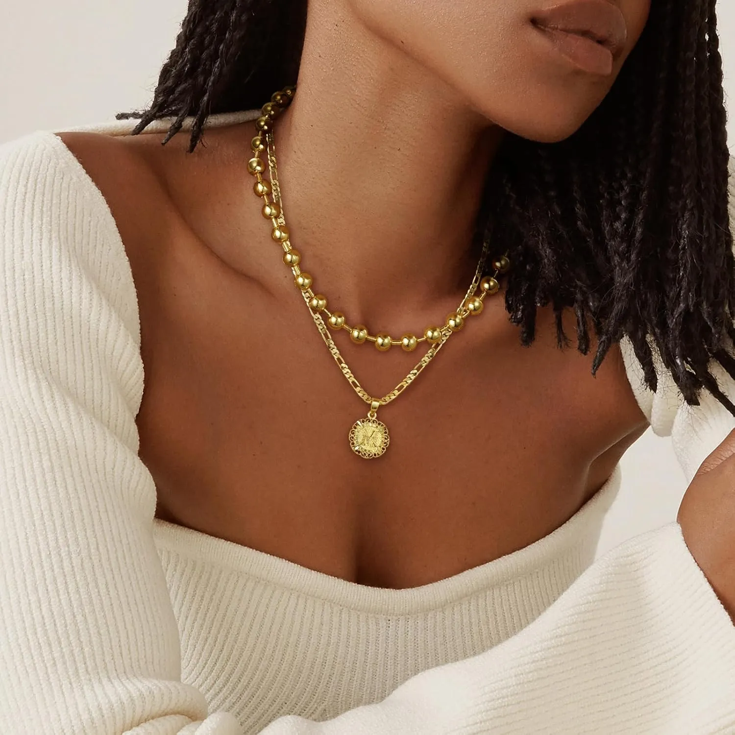 KissYan Gold Beaded Necklace for Women, 14K Gold Plated Adjustable High-Polished Basic Metal Ball Bead Chain Choker Necklace Minimalist Fashion Jewelry Gifts