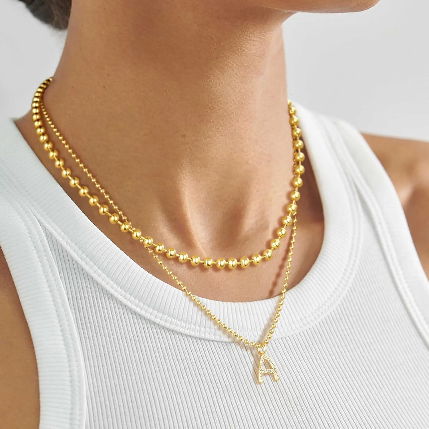 KissYan Gold Beaded Necklace for Women, 14K Gold Plated Adjustable High-Polished Basic Metal Ball Bead Chain Choker Necklace Minimalist Fashion Jewelry Gifts