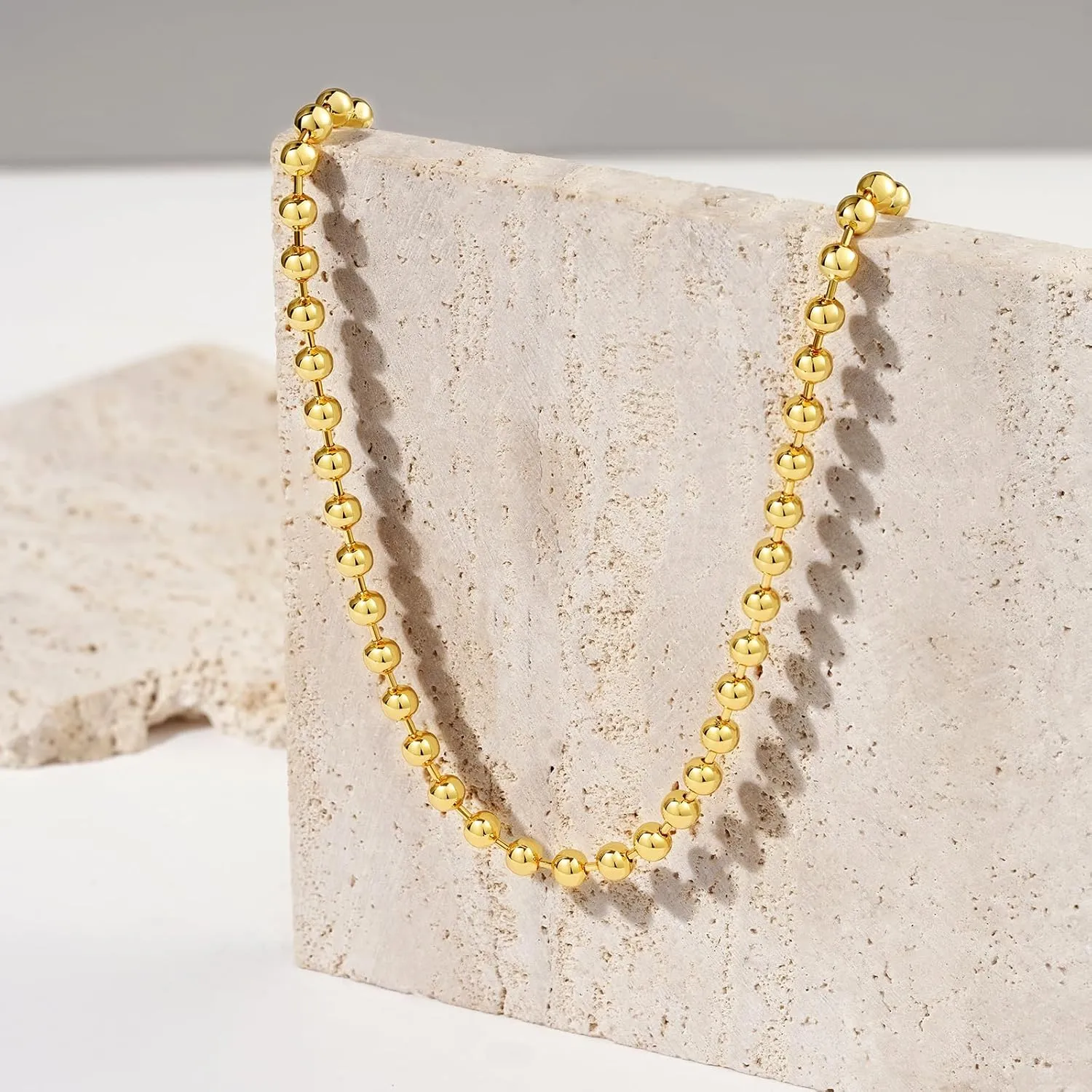 KissYan Gold Beaded Necklace for Women, 14K Gold Plated Adjustable High-Polished Basic Metal Ball Bead Chain Choker Necklace Minimalist Fashion Jewelry Gifts