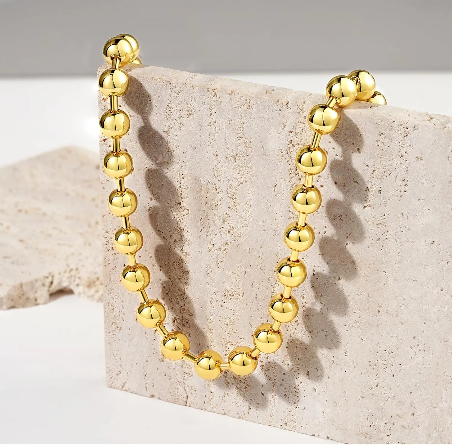 KissYan Gold Beaded Necklace for Women, 14K Gold Plated Adjustable High-Polished Basic Metal Ball Bead Chain Choker Necklace Minimalist Fashion Jewelry Gifts