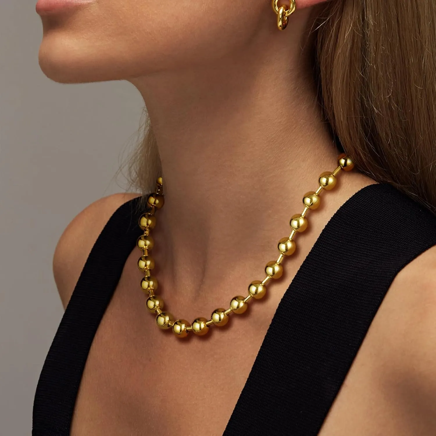 KissYan Gold Beaded Necklace for Women, 14K Gold Plated Adjustable High-Polished Basic Metal Ball Bead Chain Choker Necklace Minimalist Fashion Jewelry Gifts
