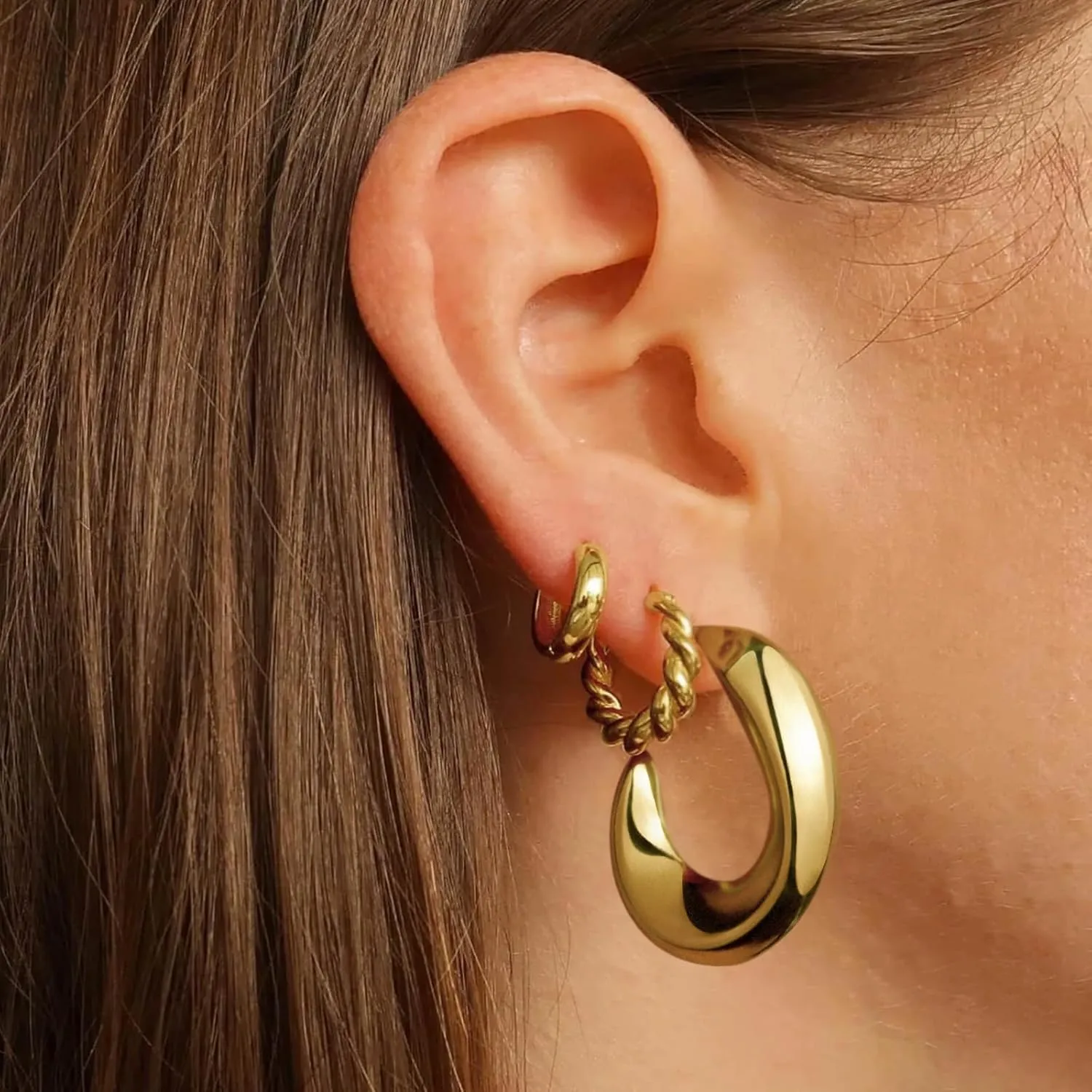 KissYan Gold Hoop Earrings for Women, 14K Gold Plated Open Tube Hoops Thick Lightweight Twist Irregular Earrings Trendy Jewelry Gifts