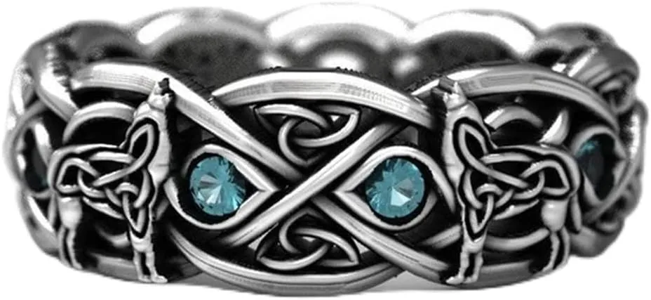 Koguxuix Fashion Jewelry Vintage Silver Celtic Wolf Topaz Stone Ring Euramerican Wolf Totem Ring for Women Men (11)