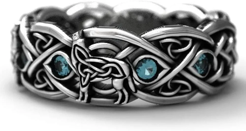 Koguxuix Fashion Jewelry Vintage Silver Celtic Wolf Topaz Stone Ring Euramerican Wolf Totem Ring for Women Men (11)