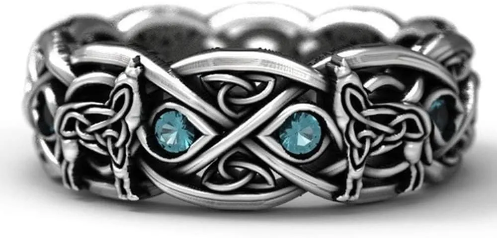 Koguxuix Fashion Jewelry Vintage Silver Celtic Wolf Topaz Stone Ring Euramerican Wolf Totem Ring for Women Men (11)