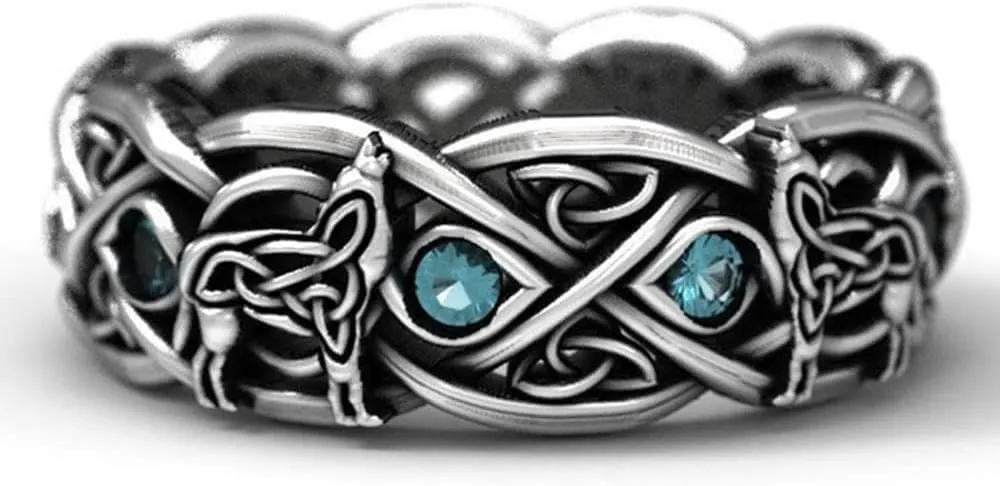 Koguxuix Fashion Jewelry Vintage Silver Celtic Wolf Topaz Stone Ring Euramerican Wolf Totem Ring for Women Men (11)