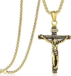 Koguxuix Fashion Jewelry Vintage Stainless Steel Jesus Christ on INRI Crucifix Cross Pendant Necklace for Girls Boys Womens Mens with 22 Inch Stainless Steel Chain (Gold)