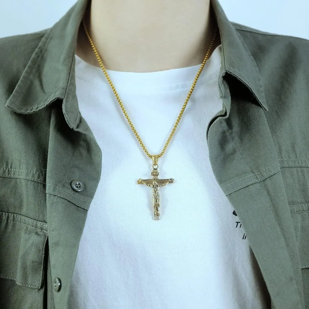 Koguxuix Fashion Jewelry Vintage Stainless Steel Jesus Christ on INRI Crucifix Cross Pendant Necklace for Girls Boys Womens Mens with 22 Inch Stainless Steel Chain (Gold)