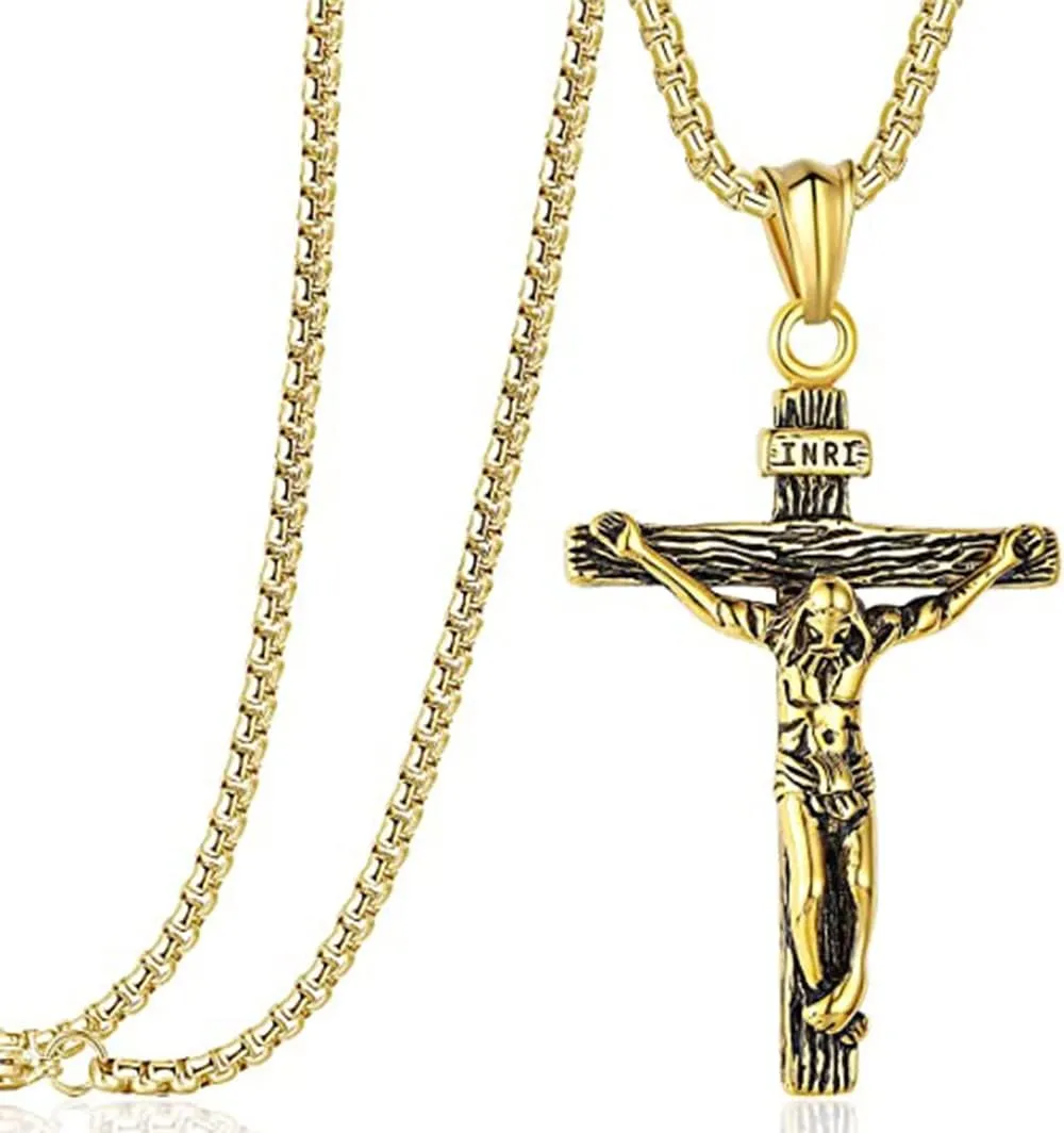 Koguxuix Fashion Jewelry Vintage Stainless Steel Jesus Christ on INRI Crucifix Cross Pendant Necklace for Girls Boys Womens Mens with 22 Inch Stainless Steel Chain (Gold)