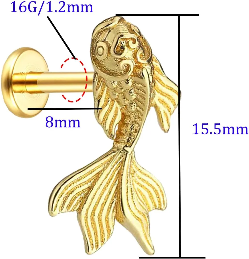 Koi Fish Helix Conch Piercing Jewelry for Women,16G Stainless Steel Cartilage Flat Back Earring Stud,Push in Labret Monroe Studs Lip Rings Nose Stud Hypoallergenic Piercing Jewelry