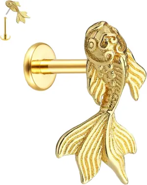 Koi Fish Helix Conch Piercing Jewelry for Women,16G Stainless Steel Cartilage Flat Back Earring Stud,Push in Labret Monroe Studs Lip Rings Nose Stud Hypoallergenic Piercing Jewelry
