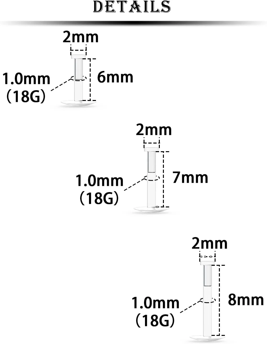Kridzisw 16G 18G Clear Plastic Push in Lip Labret Medusa Monroe Nose Piercing Retainers for Surgery Sport Work Bioflex Flat Back Tragus Helix Catilage Conch Earrings for Women Men 6mm 8mm 10mm 12mm
