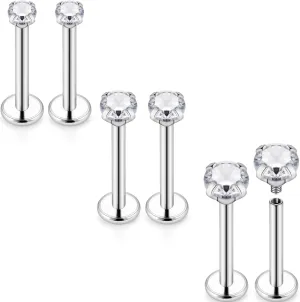 Kridzisw 16G Lip Labret Monroe Medusa Rings Studs Internally Threaded 316L Surgical Steel Flat Back Nose Studs Cartilage Tragus Helix Earring Piercing 6mm 8mm 10mm Bar 2mm 3mm 4mm CZ 3pairs