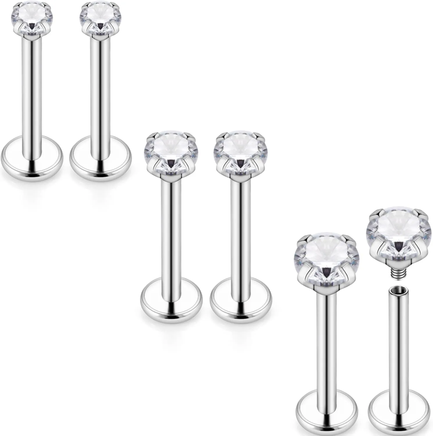 Kridzisw 16G Lip Labret Monroe Medusa Rings Studs Internally Threaded 316L Surgical Steel Flat Back Nose Studs Cartilage Tragus Helix Earring Piercing 6mm 8mm 10mm Bar 2mm 3mm 4mm CZ 3pairs
