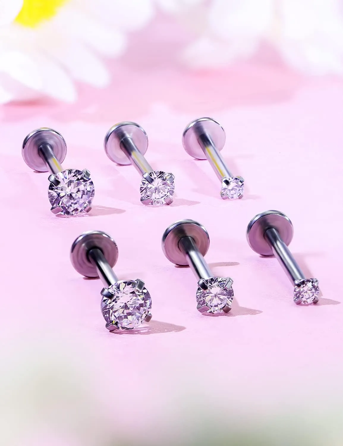 Kridzisw 16G Lip Labret Monroe Medusa Rings Studs Internally Threaded 316L Surgical Steel Flat Back Nose Studs Cartilage Tragus Helix Earring Piercing 6mm 8mm 10mm Bar 2mm 3mm 4mm CZ 3pairs