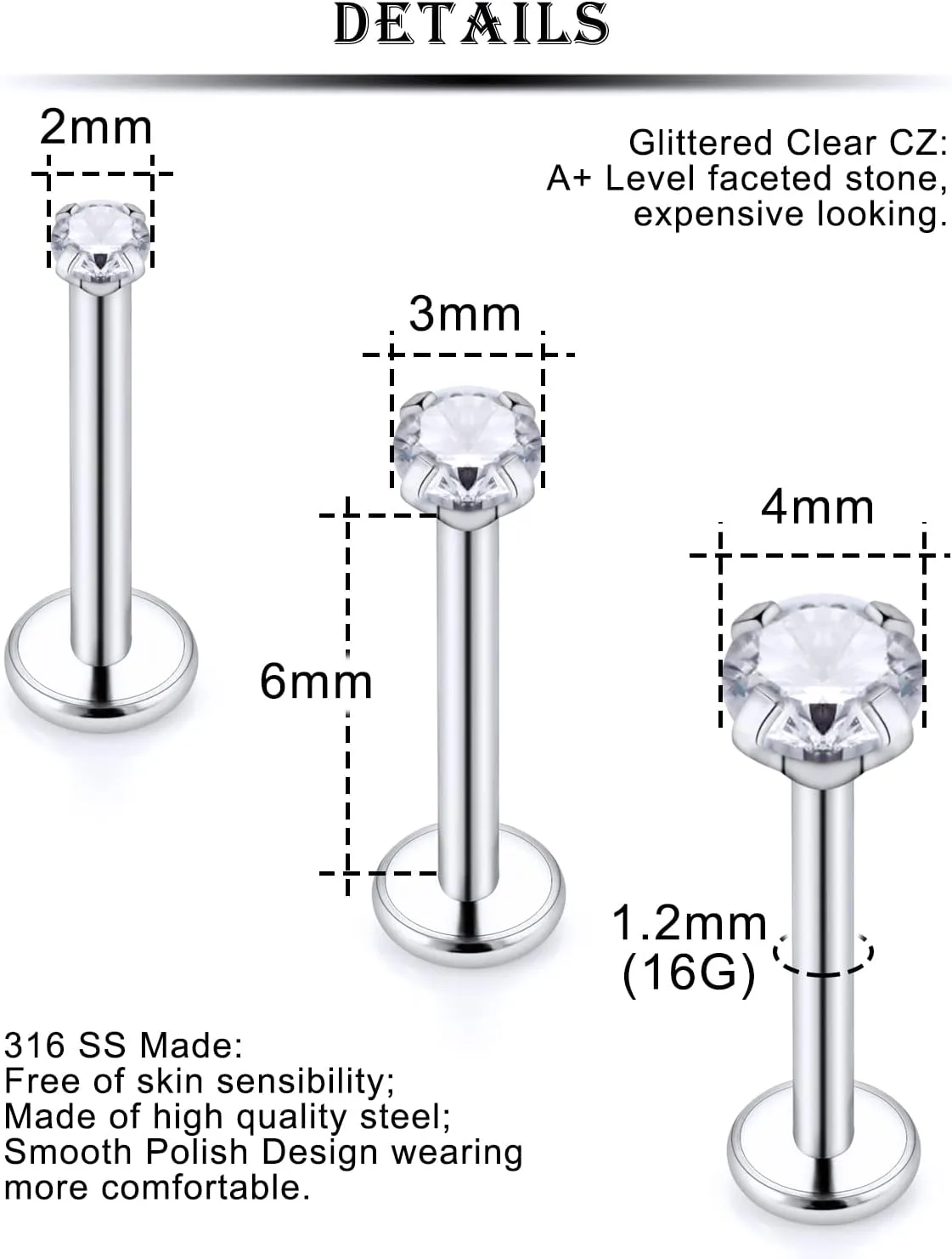 Kridzisw 16G Lip Labret Monroe Medusa Rings Studs Internally Threaded 316L Surgical Steel Flat Back Nose Studs Cartilage Tragus Helix Earring Piercing 6mm 8mm 10mm Bar 2mm 3mm 4mm CZ 3pairs