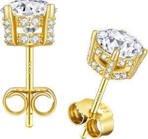 KRKC Moissanite Earrings, Lab Grown Diamond Stud Earrings for Women, 14K Golden Plated Sterling Silver, Bloom Design, 2 Carat D Color VVS1, Hypoallergenic, Gift for Wife, Mom, Her
