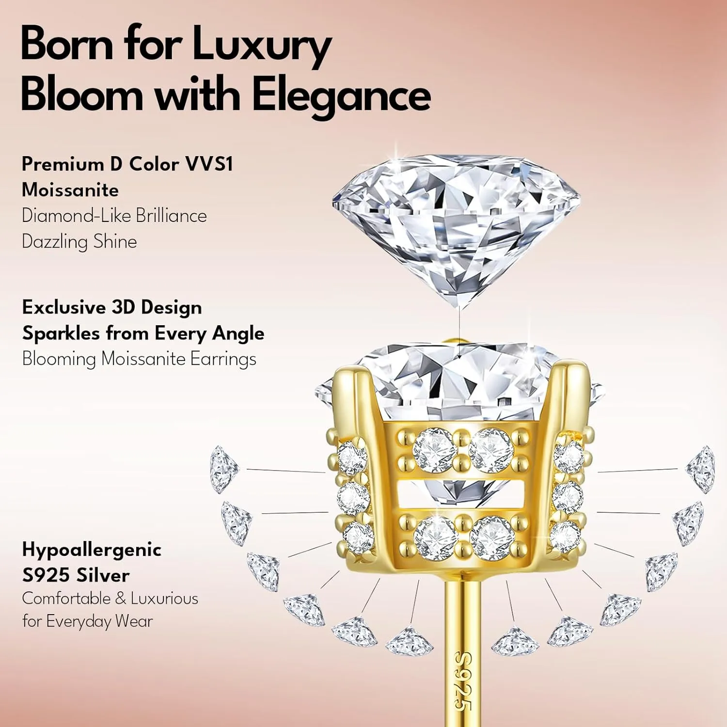 KRKC Moissanite Earrings, Lab Grown Diamond Stud Earrings for Women, 14K Golden Plated Sterling Silver, Bloom Design, 2 Carat D Color VVS1, Hypoallergenic, Gift for Wife, Mom, Her