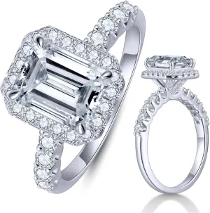 KSTYLE Center Stone 3ct/2ct Moissanite Halo Engagement Rings for Women Round/Oval/Emerald Cut D Color VVS1 Clarity, S925 Sterling Silver Rings 18K White Gold Plated Wedding Rings for Women