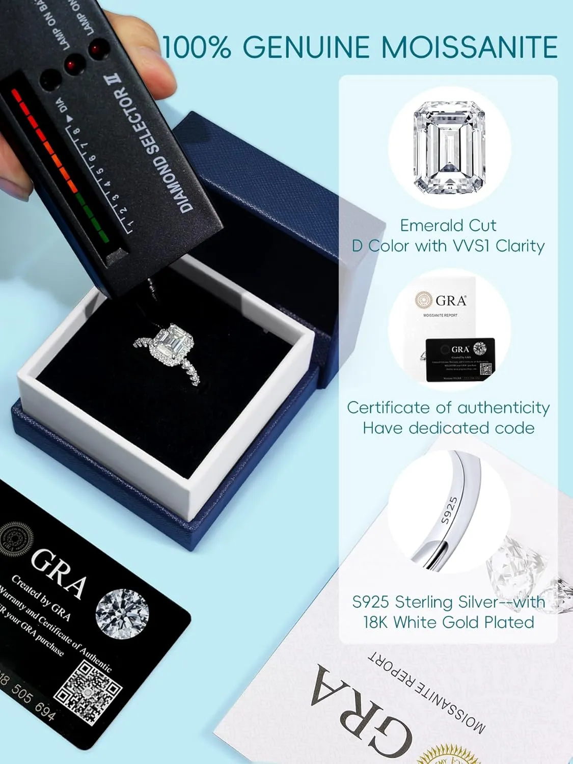 KSTYLE Center Stone 3ct/2ct Moissanite Halo Engagement Rings for Women Round/Oval/Emerald Cut D Color VVS1 Clarity, S925 Sterling Silver Rings 18K White Gold Plated Wedding Rings for Women