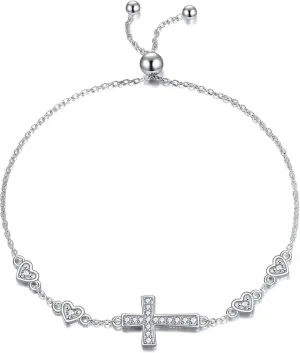 KZX Cross Bracelet for Women 925 Sterling Silver Cross Jewelry Adjustable Bracelet Gift for Mom (7 2 in)