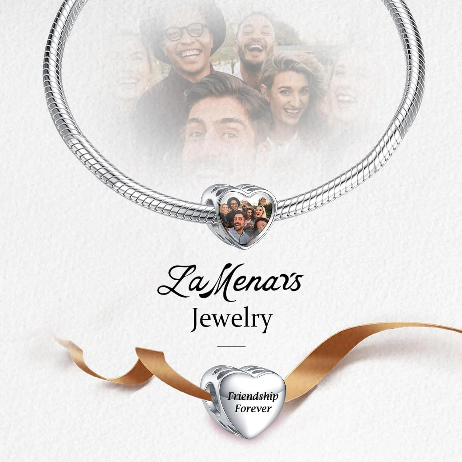 La Menars Personalized Photo Charms For Bracelets/Necklace 925 Sterling Silver Love Heart Shaped Engraved Customize Picture Gift for Birthday Mother's Day,Bead Charms Jewelry for Women