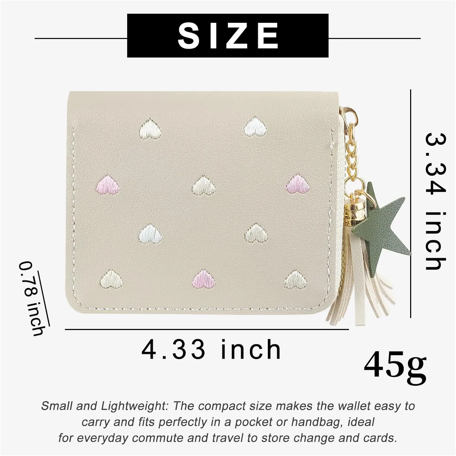 Ladies Purse Wallet, PU Leather Purse Lady Credit Card Holder with Star Pendant, Solid Color Wallet (beige red)