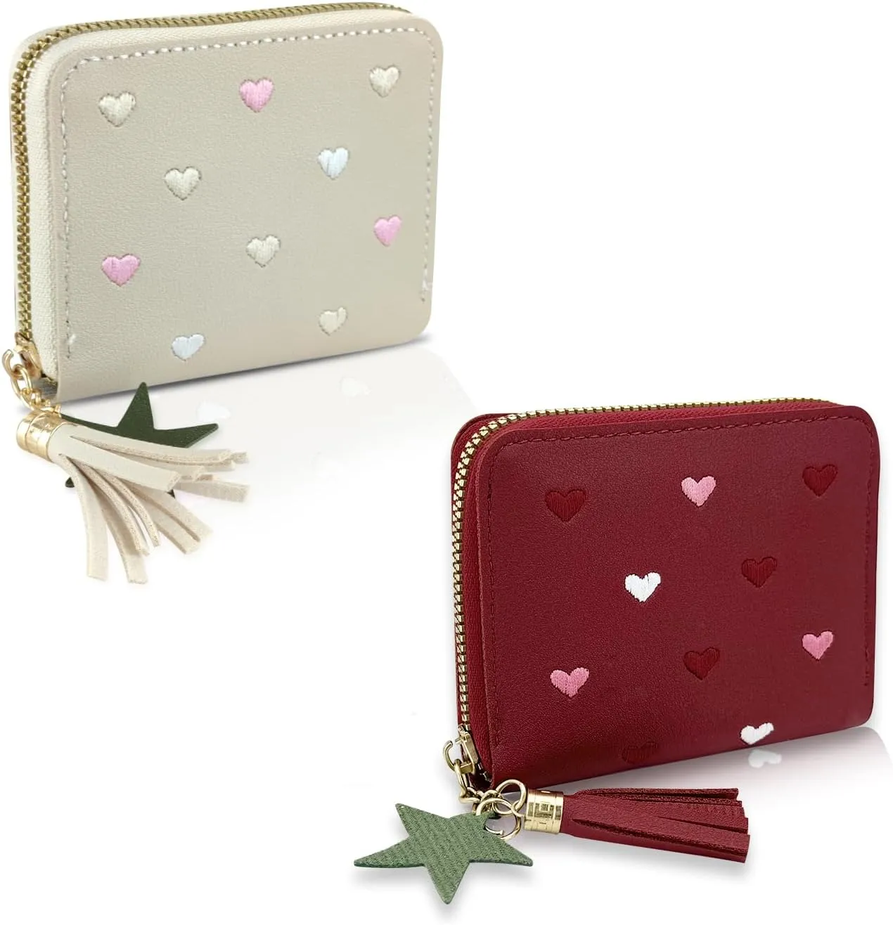 Ladies Purse Wallet, PU Leather Purse Lady Credit Card Holder with Star Pendant, Solid Color Wallet (beige red)