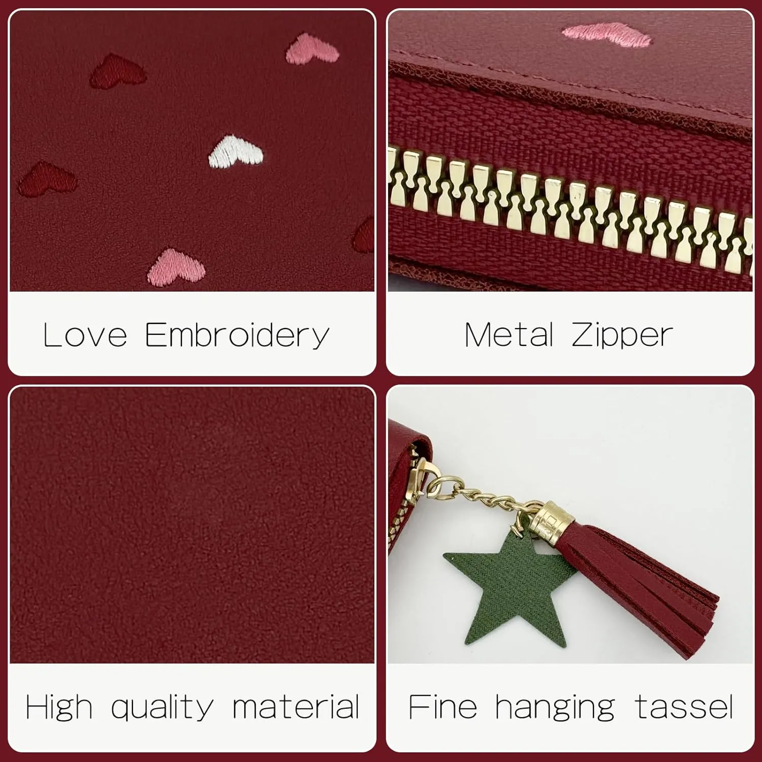 Ladies Purse Wallet, PU Leather Purse Lady Credit Card Holder with Star Pendant, Solid Color Wallet (beige red)