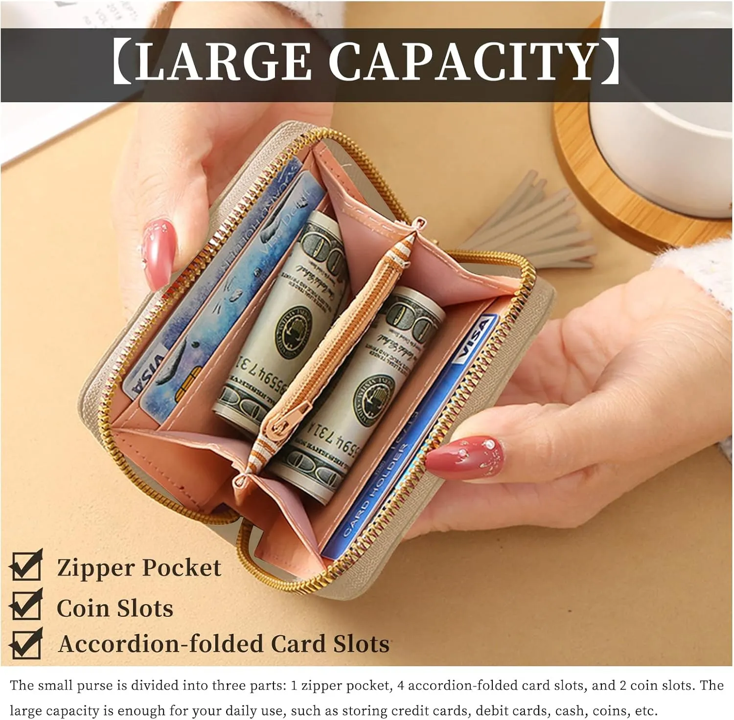 Ladies Purse Wallet, PU Leather Purse Lady Credit Card Holder with Star Pendant, Solid Color Wallet (beige red)