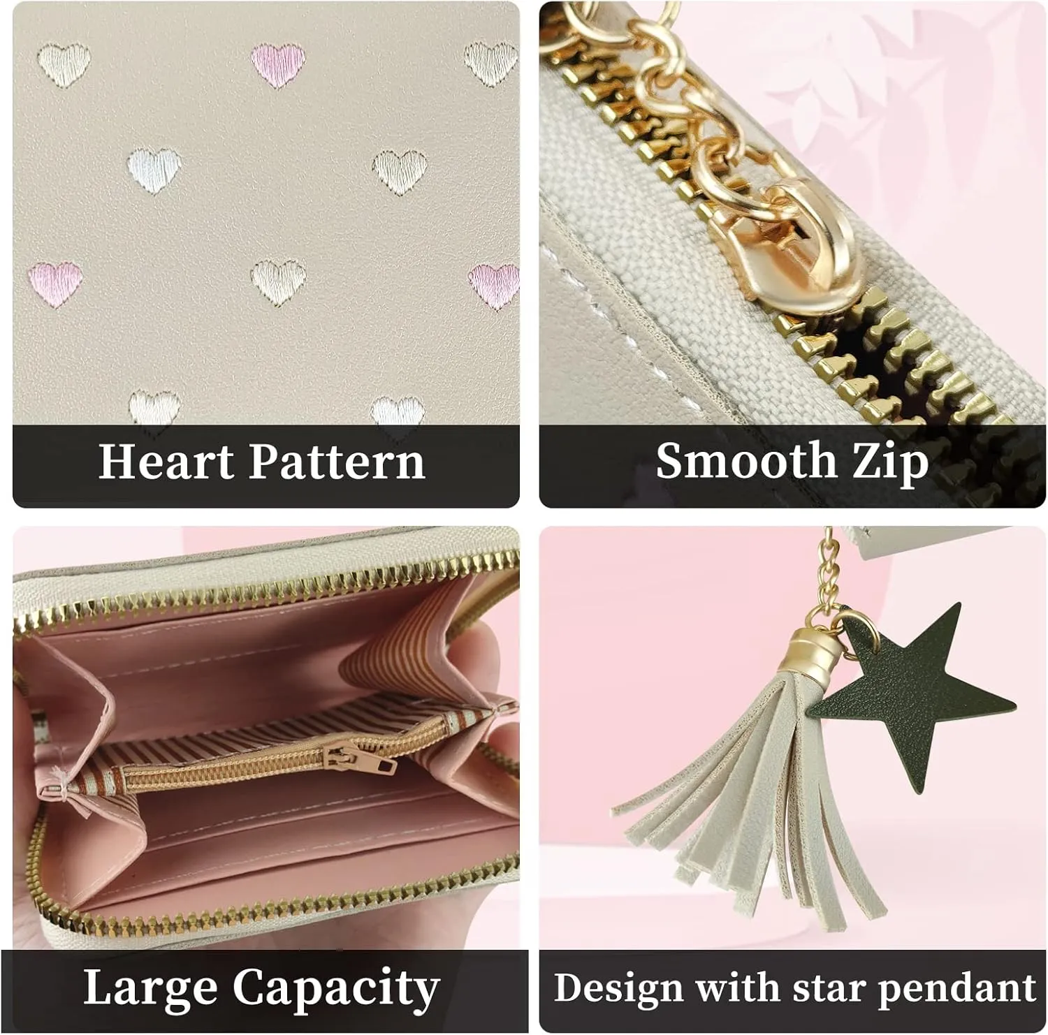 Ladies Purse Wallet, PU Leather Purse Lady Credit Card Holder with Star Pendant, Solid Color Wallet (beige)