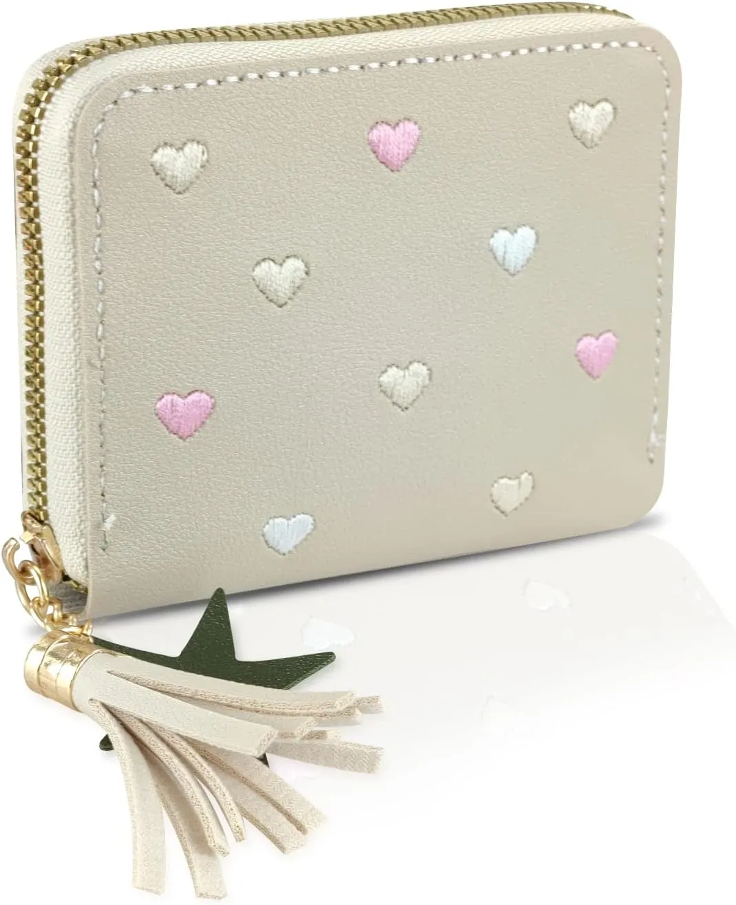 Ladies Purse Wallet, PU Leather Purse Lady Credit Card Holder with Star Pendant, Solid Color Wallet (beige)