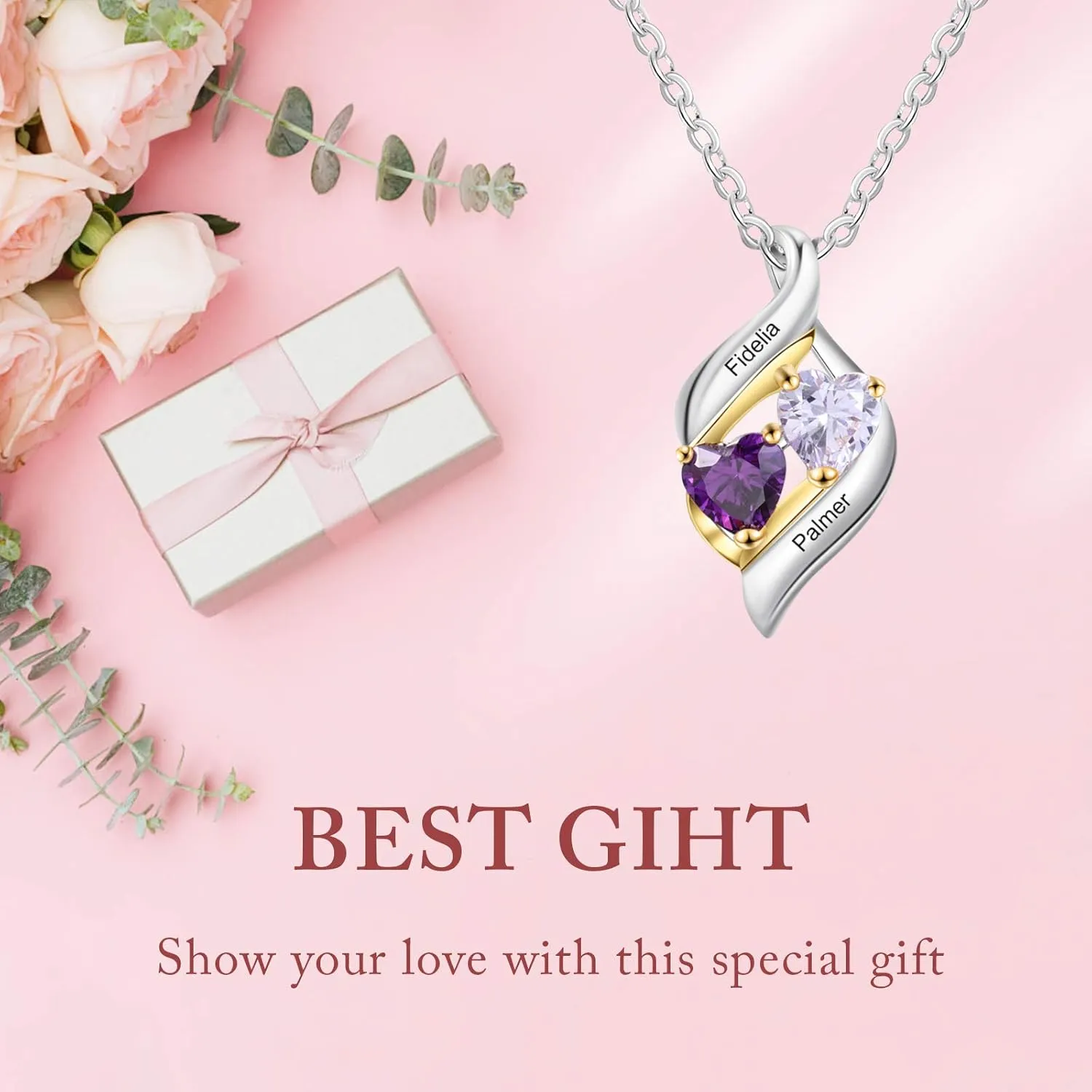 Lam Hub Fong Mother Necklace 2 Birthstones Mom Gifts Personalized Heart Necklace with 2 Name Promise Necklace Mothers Day Gift for Grandmma Wife Women