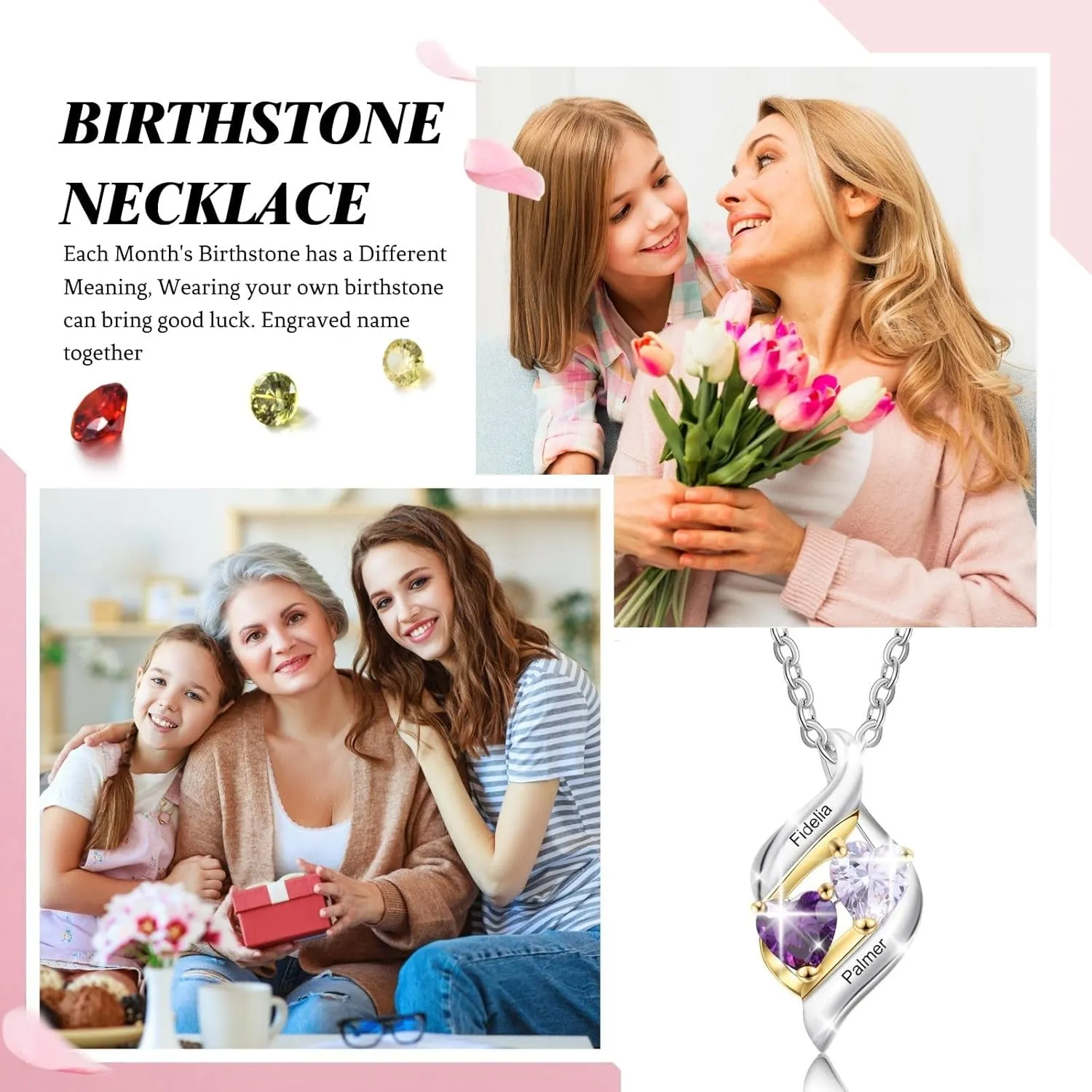 Lam Hub Fong Mother Necklace 2 Birthstones Mom Gifts Personalized Heart Necklace with 2 Name Promise Necklace Mothers Day Gift for Grandmma Wife Women