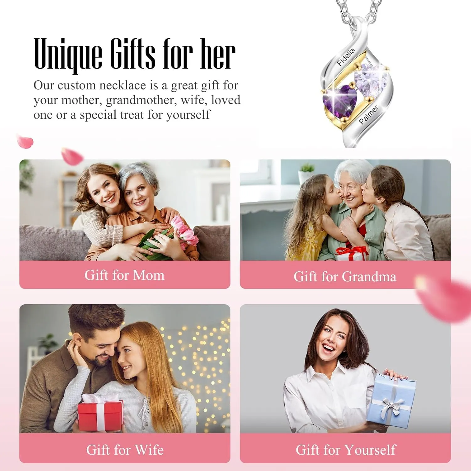 Lam Hub Fong Mother Necklace 2 Birthstones Mom Gifts Personalized Heart Necklace with 2 Name Promise Necklace Mothers Day Gift for Grandmma Wife Women