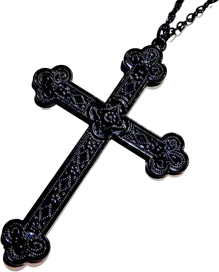 Large Black Painted Cross Necklace gothic christian catholic pendant on matching 20"" Chain
