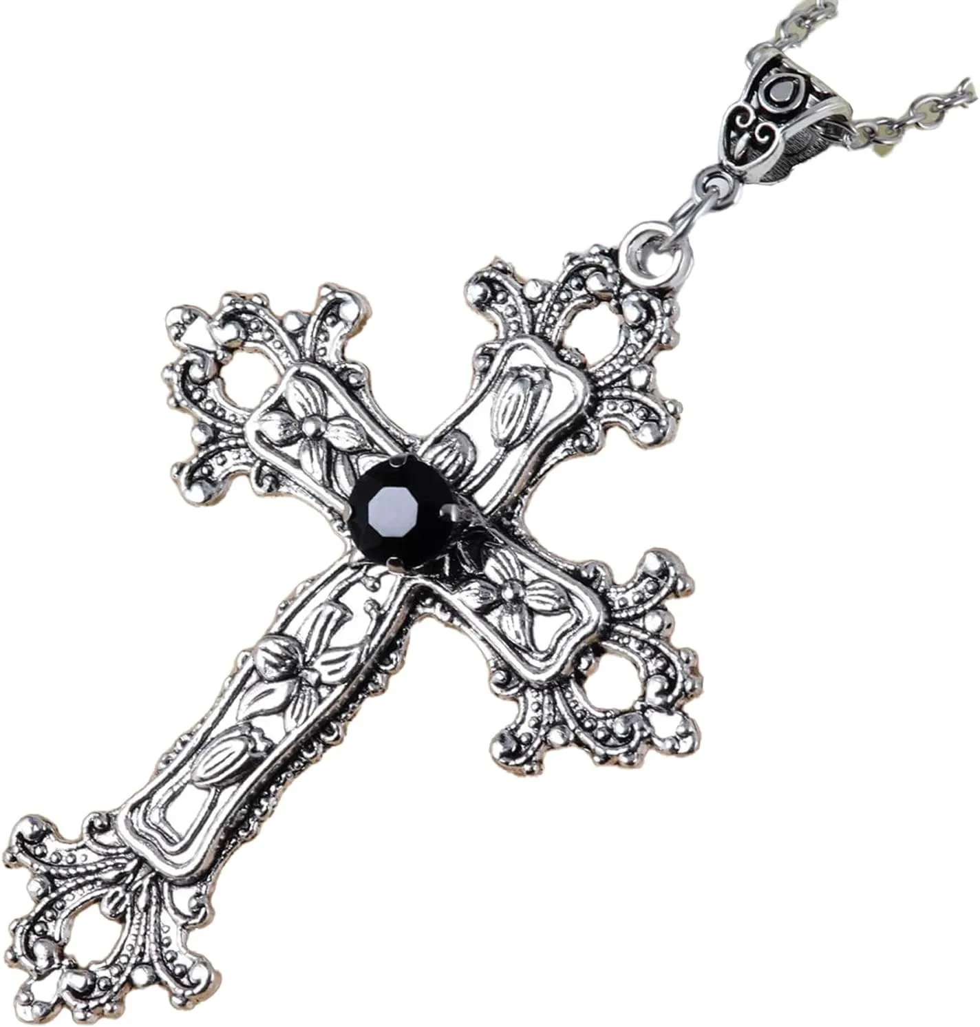 Large Gothic Cross Necklace silver-tone pendant with black glass stone, on 24" steel chain