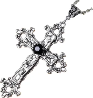 Large Gothic Cross Necklace silver-tone pendant with black glass stone, on 24" steel chain
