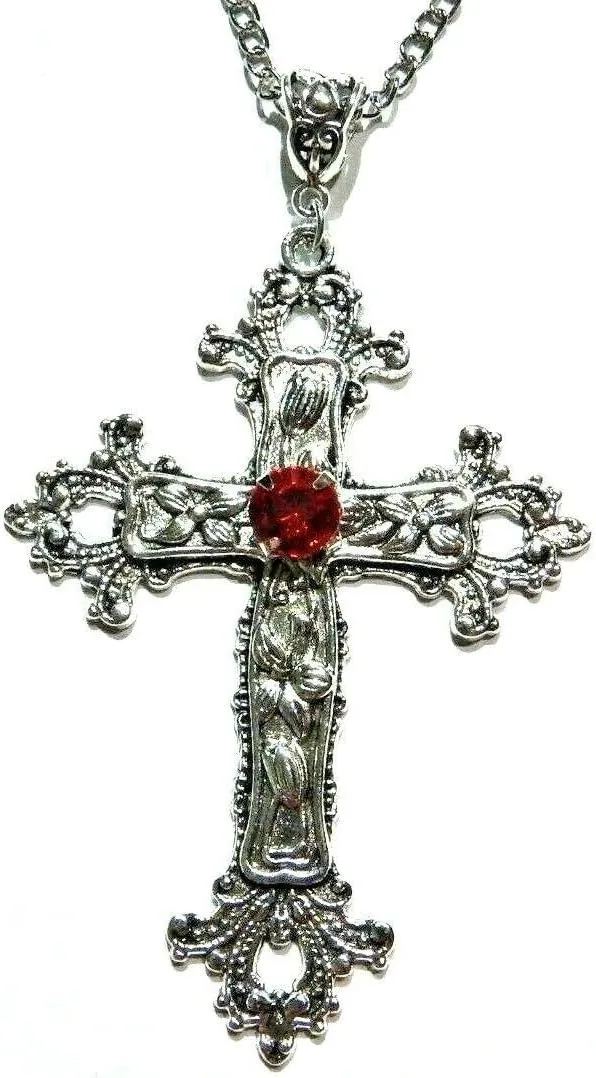 Large Gothic Cross Necklace silver-tone pendant with glass stone, on 24" steel chain